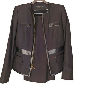 Albert Nipon Women's Black Pant Suit Faux Leather Trim Gold Zipper‎ Size 4 HN